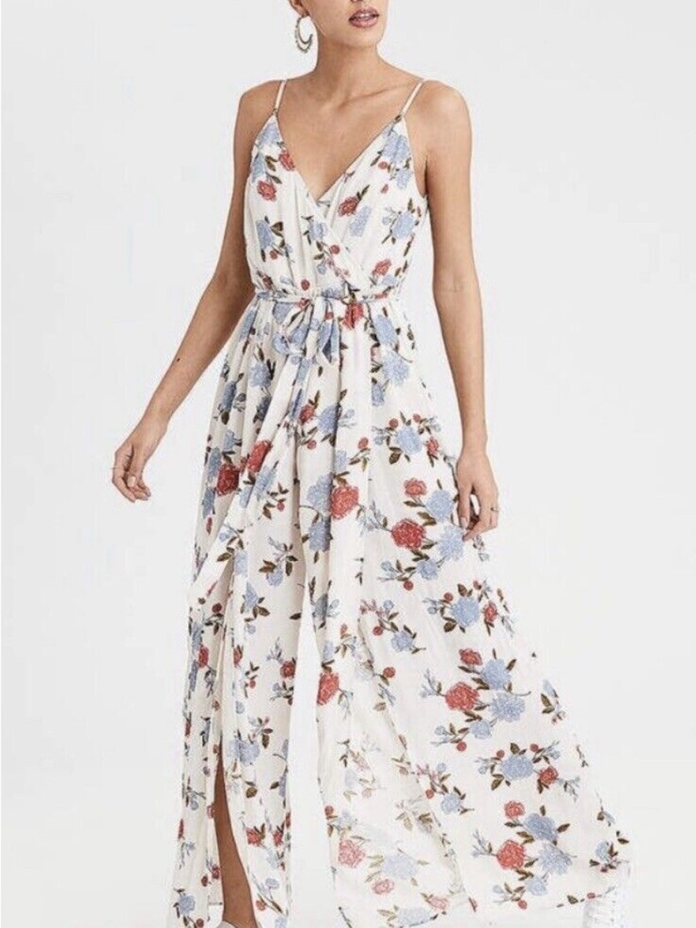 AMERICAN EAGLE Flowy Strapless Romper Ivory Floral Wide Leg Pants Jumpsuit